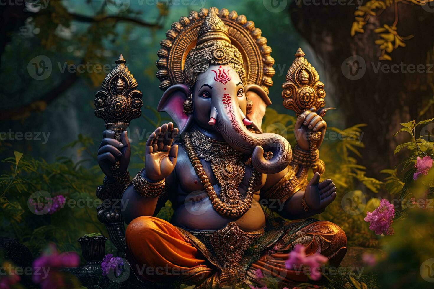 Hindoe god ganesha met bloemen ai gegenereerd foto