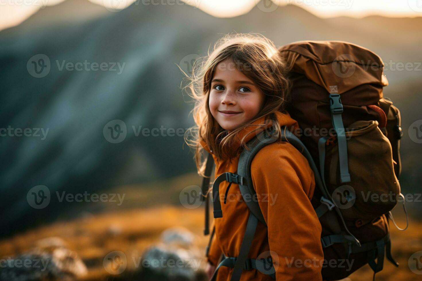 weinig meisje met rugzak wandelen Aan berg top Bij zonsondergang, reizen en avontuur concept ai gegenereerd foto