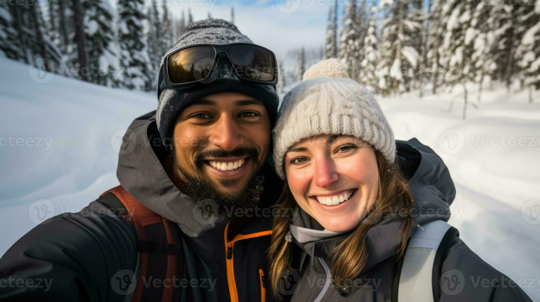 glimlachen paar ondergedompeld in besneeuwd wildernis gedurende kruis land skiën avontuur foto