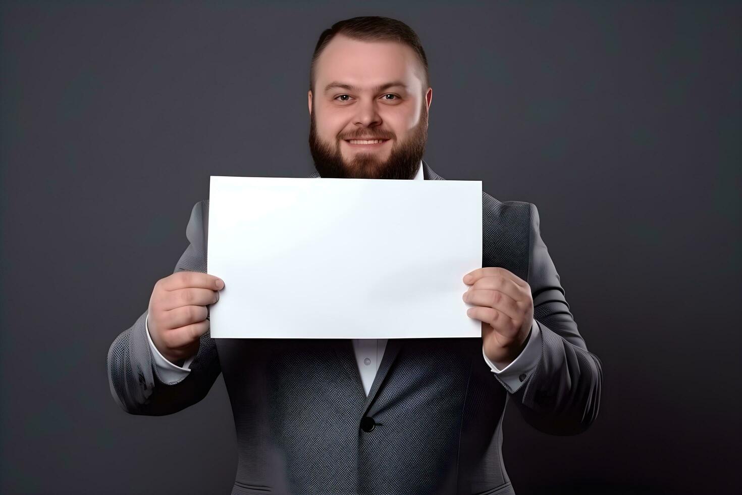 een grote maat bedrijf manager of Directeur in een pak Holding omhoog een blanco papier. ai generatief foto