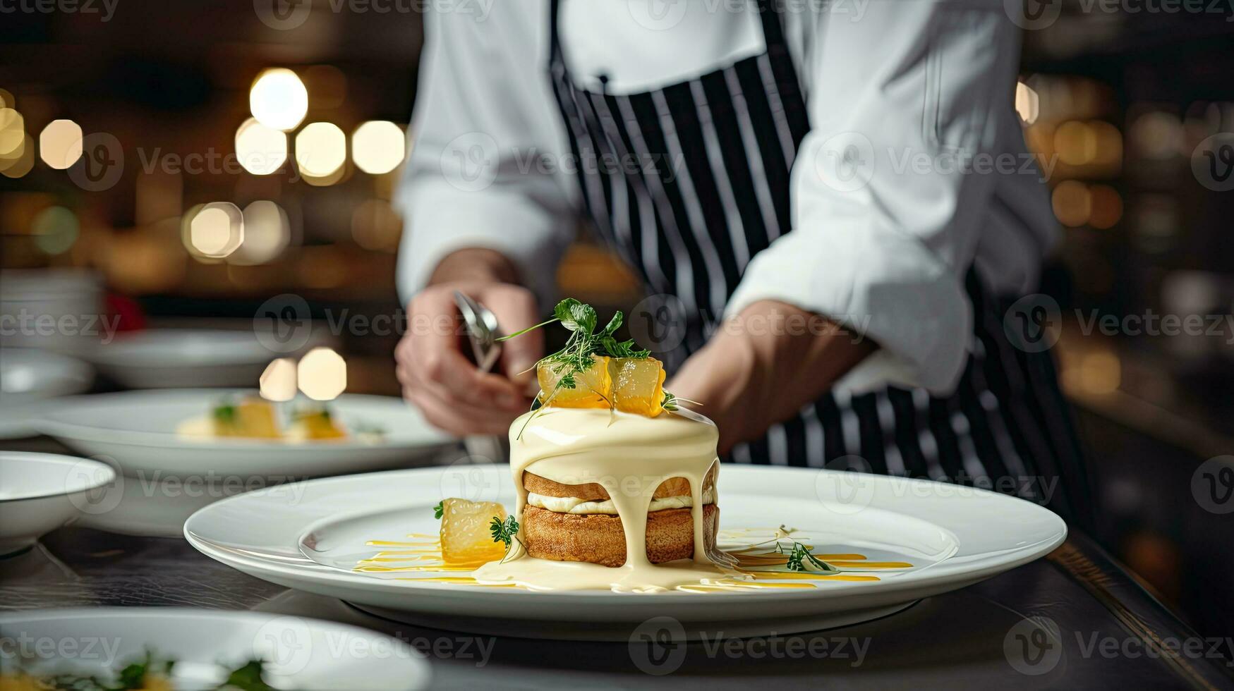 chef decoreren taart met oranje Aan bord in cafe, detailopname. generatief ai foto