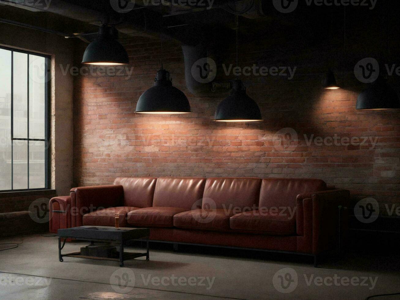 leven kamer interieur met verontrust leer sofa , wijnoogst stijl. ai generatief foto