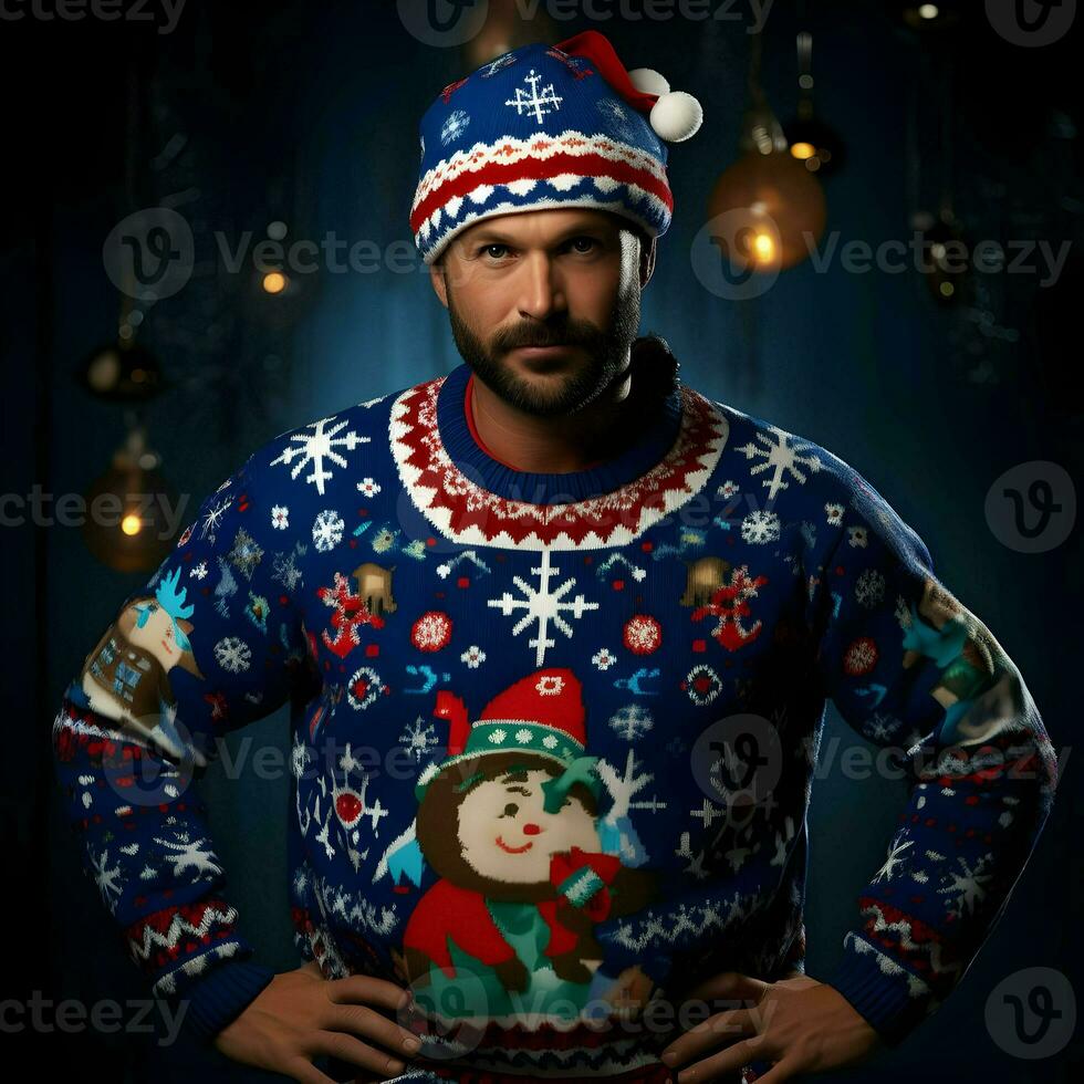 Mens in nationaal lelijk Kerstmis trui. hoog kwaliteit. ai generatief foto