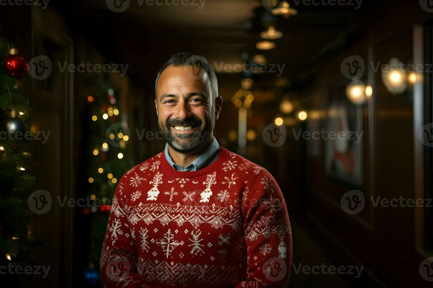 gelukkig zakenman Aan een rood achtergrond in lelijk Kerstmis trui. hoog kwaliteit. ai generatief foto
