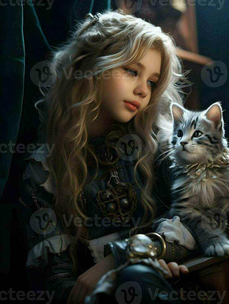 schattig meisje Holding een kat. hoog kwaliteit. ai generatief foto