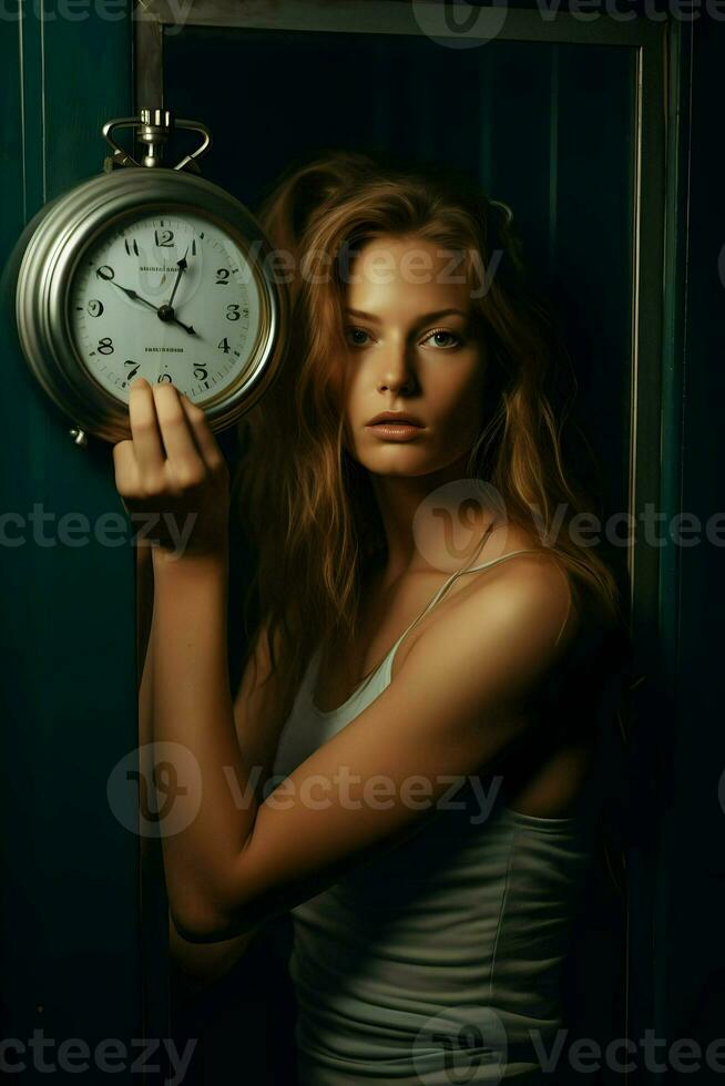 vrouw Holding de horloge. hoge resolutie. ai generatief foto