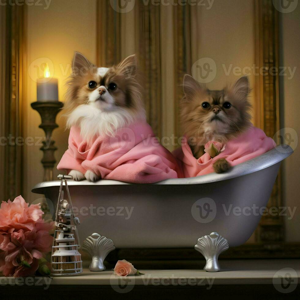 charmant verwend huisdieren Speel kant door kant zittend in een bad. hoge resolutie. ai generatief foto