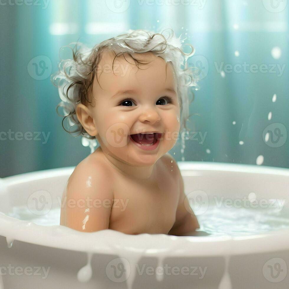 schattig glimlachen baby in de bad. hoog kwaliteit. ai generatief foto