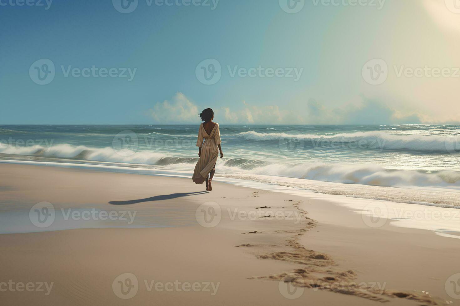 vrouw wandelen Aan de strand achterzijde visie. fotorealistisch afbeelding. ai gegenereerd. foto