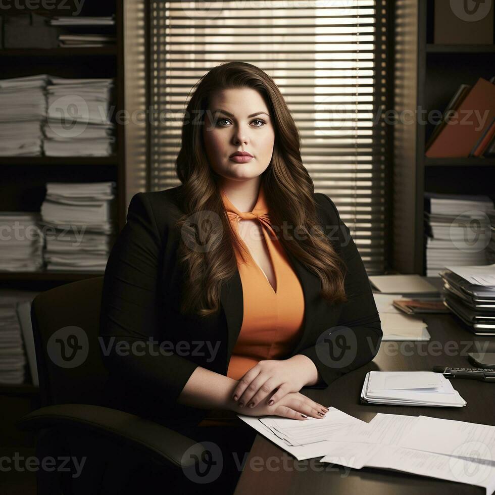 vrouw plus grootte zittend in kantoor Bij bureau. bedrijf stijl. ai gegenereerd foto