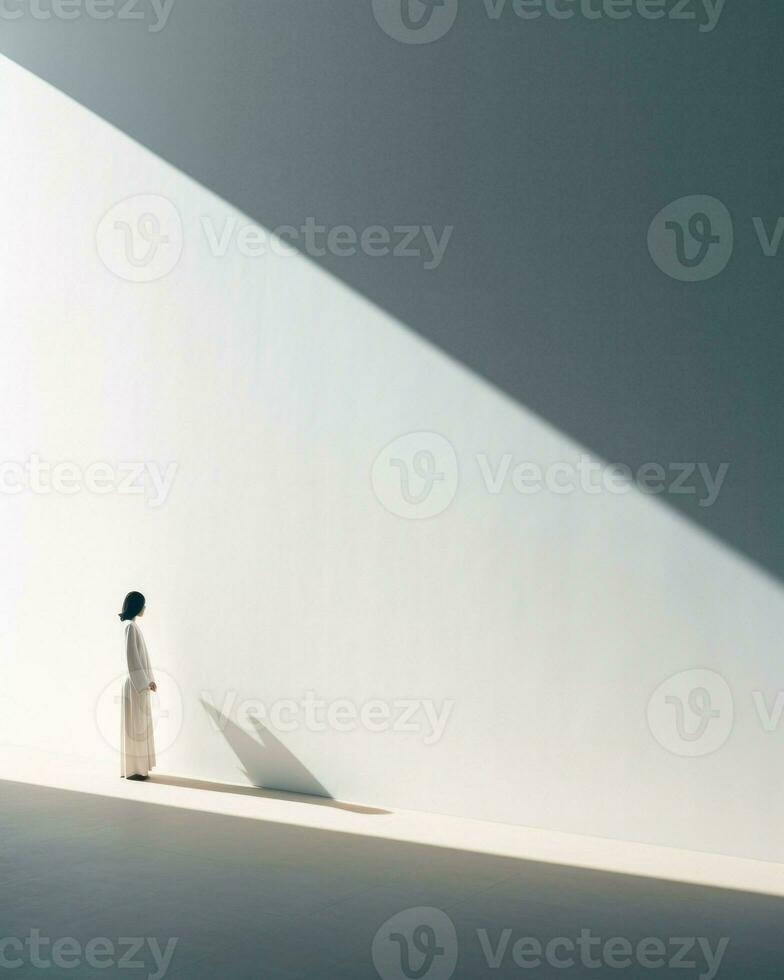 een minimalistische portret van een vrouw poseren in voorkant van een blanco wit muur.. generatief ai foto