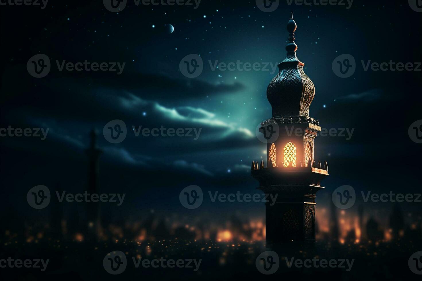 Ramadan kareem groet kaart met moskee en lantaarn. 3d renderen ai generatief foto