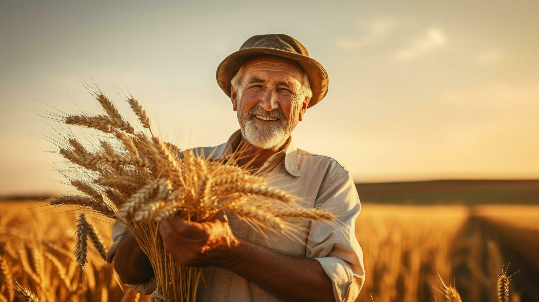 oud boer staand in zijn veld- en Holding tarwe in zijn handen. generatief ai foto