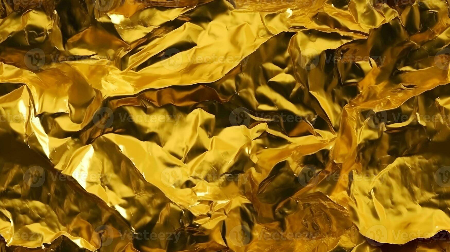 hoog gedetailleerd verfrommeld goud folie blad glimmend textuur, abstract geel omhulsel papier naadloos patroon voor behang, achtergrond en ontwerp kunst werk ai generatief foto