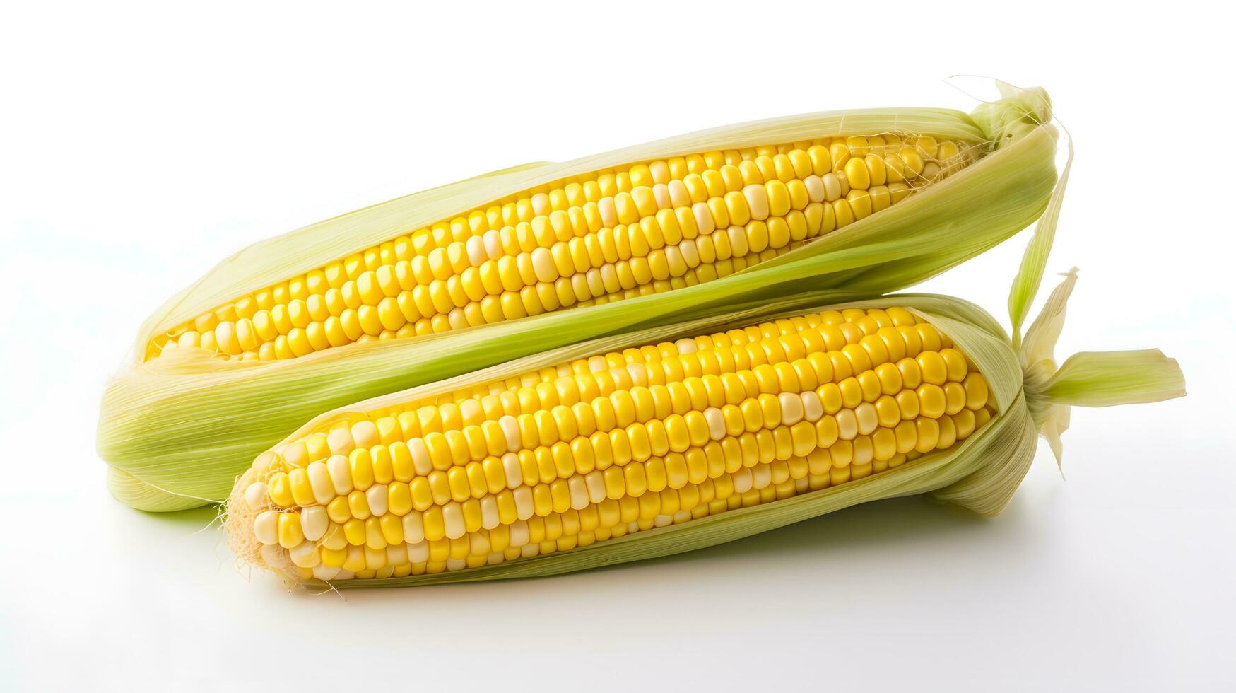 twee oren van vers geel maïs met groen schillen Aan wit achtergrond foto