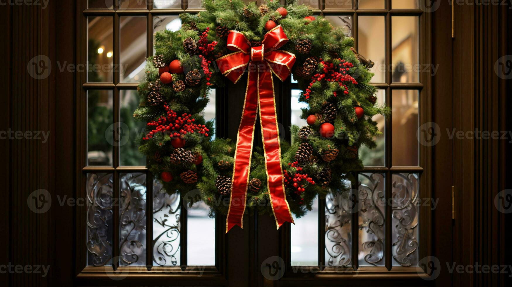 ai generatief Kerstmis krans met rood boog en bessen Aan de deur dichtbij omhoog foto