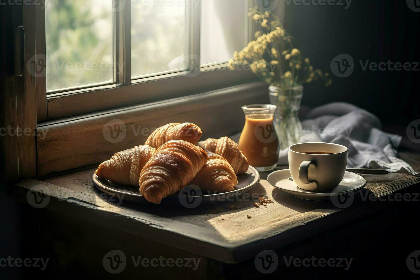 knus ochtend- koffie croissant ontbijt. genereren ai foto