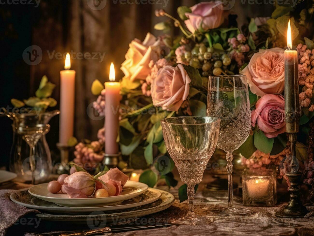 roze bloemen tafel instelling voor een romantisch avondeten tafel met tafel lap, kaarsen en zilverwerk. generatief ai foto