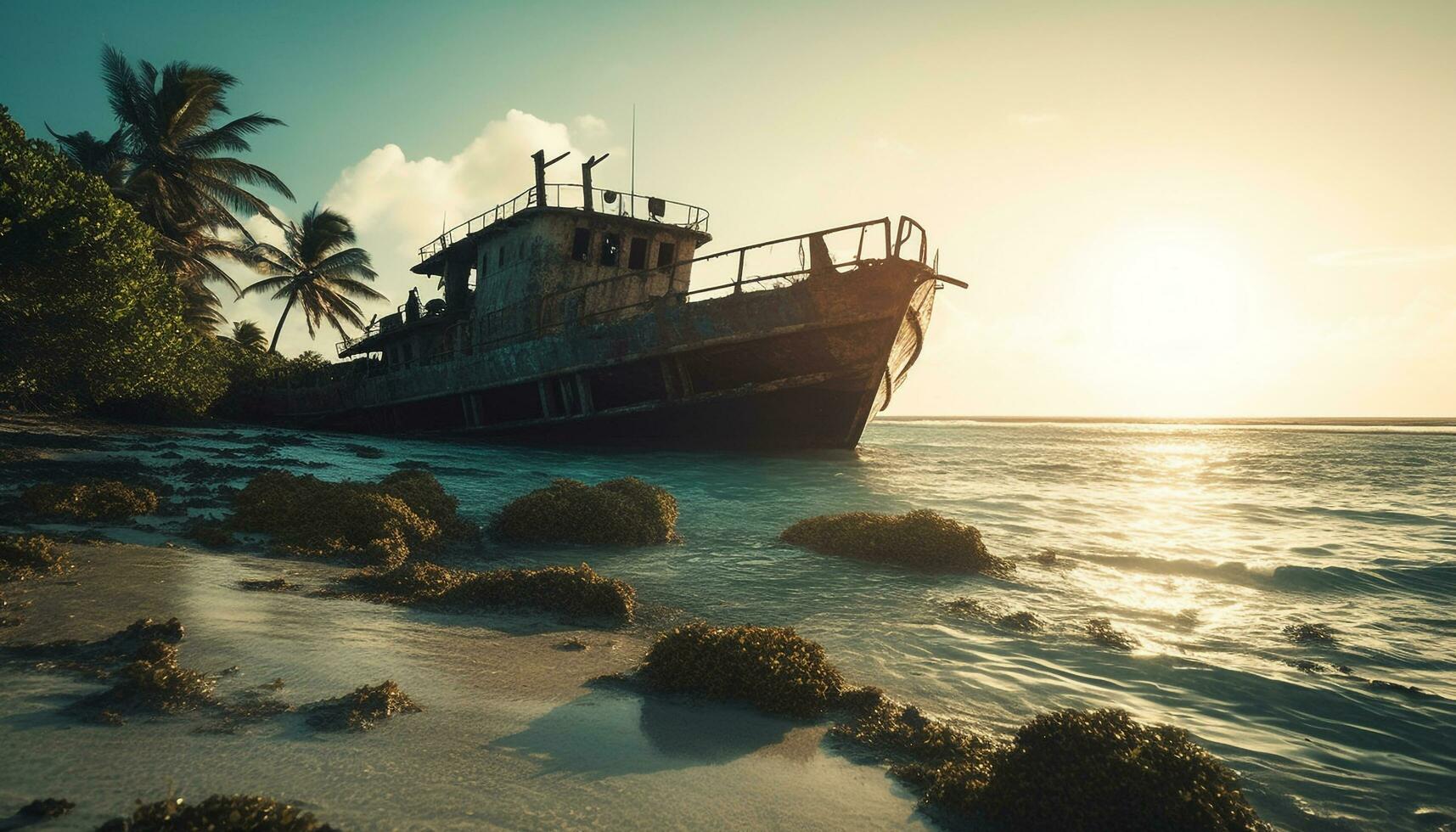 verlaten schipbreuk Aan zanderig kust, roestig en gebroken, natuur tegenslag gegenereerd door ai foto