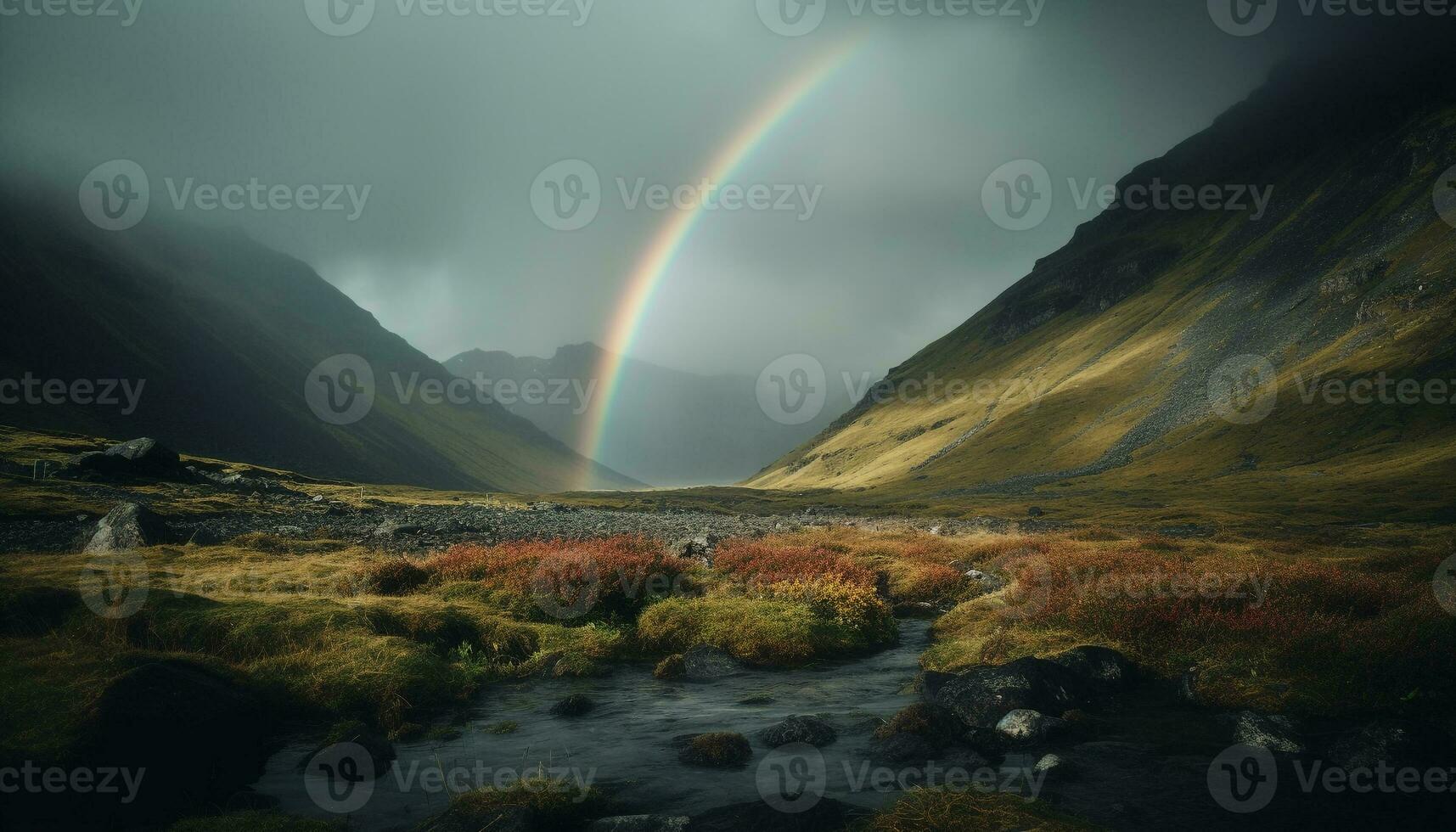 majestueus berg bereik, rustig weide, regenboog over- besneeuwd landschap gegenereerd door ai foto