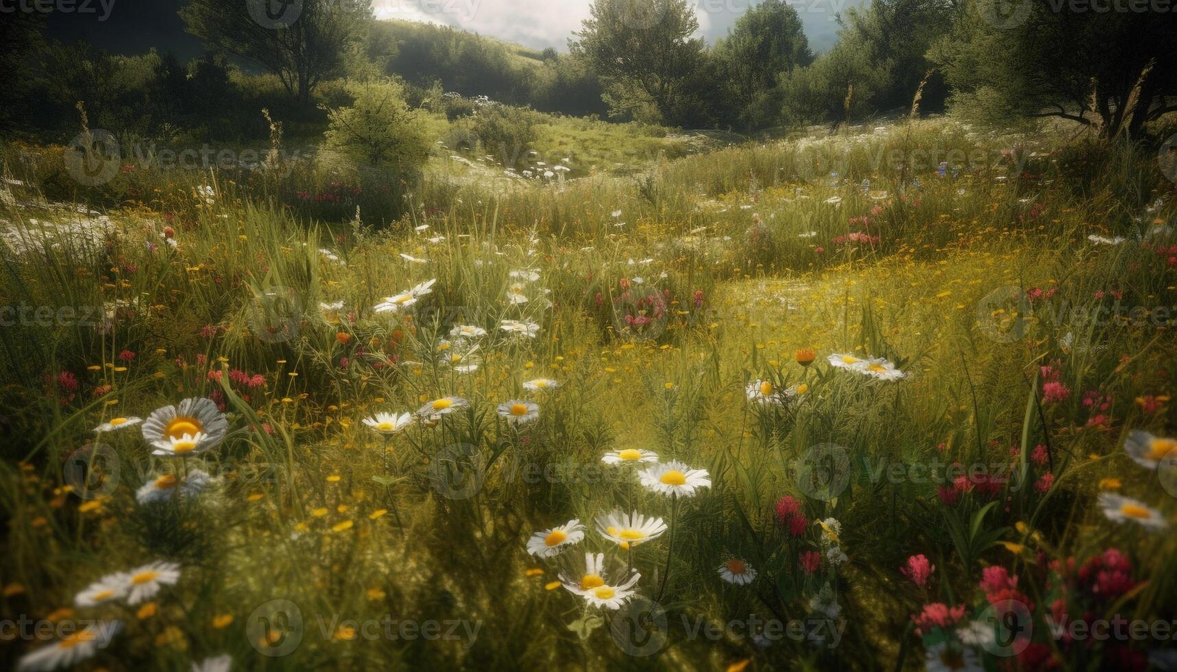 mooi weide van wilde bloemen in de zomer, levendig kleuren overal gegenereerd door ai foto