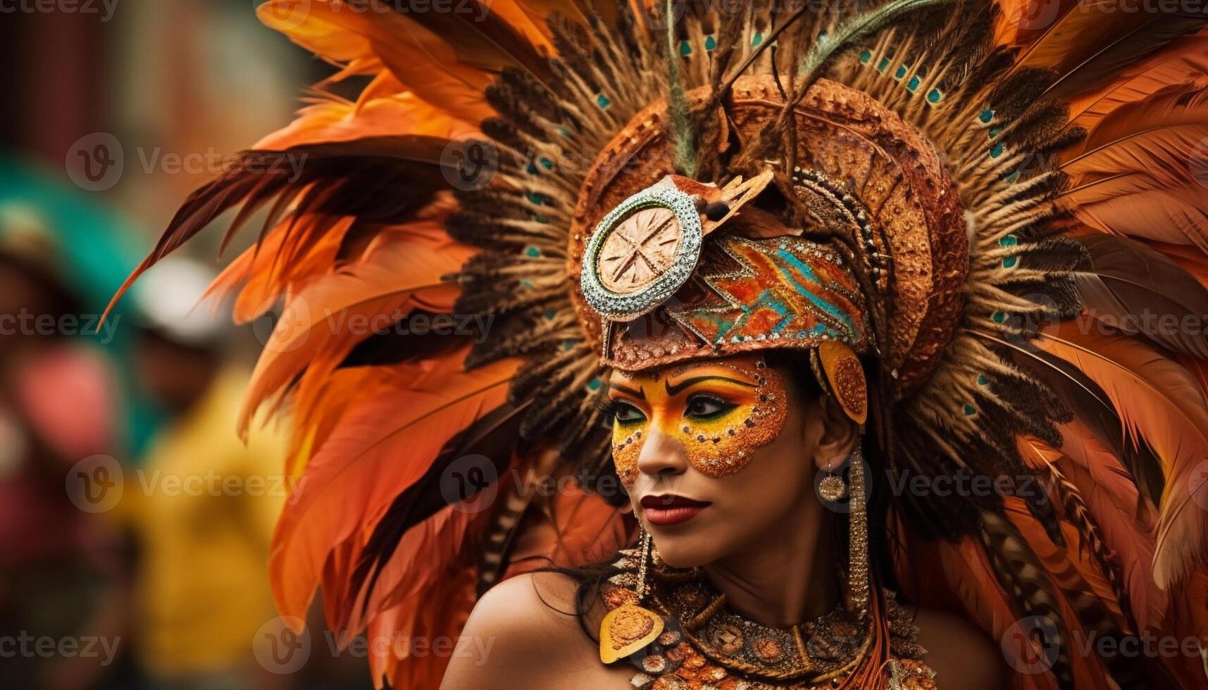 glimlachen braziliaans Dames in kleurrijk traditioneel kostuums dansen samba optocht gegenereerd door ai foto