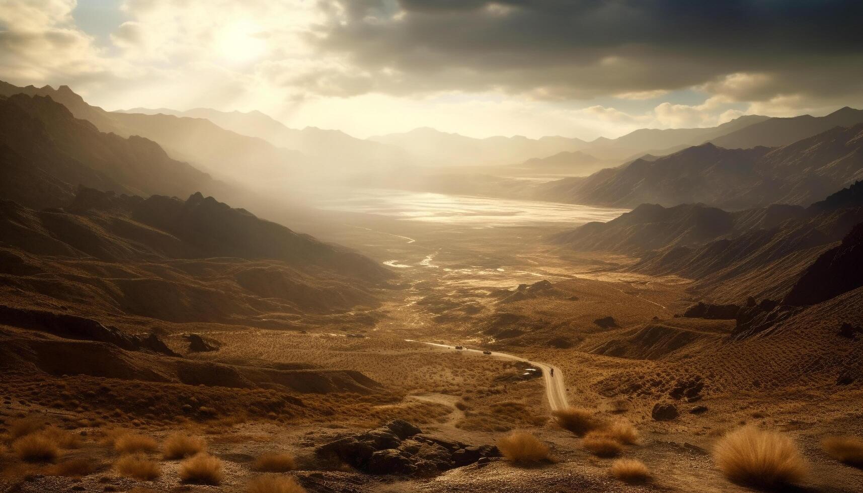 berg landschap, zonsondergang, reis, berg bereik, water, zomer gegenereerd door ai foto