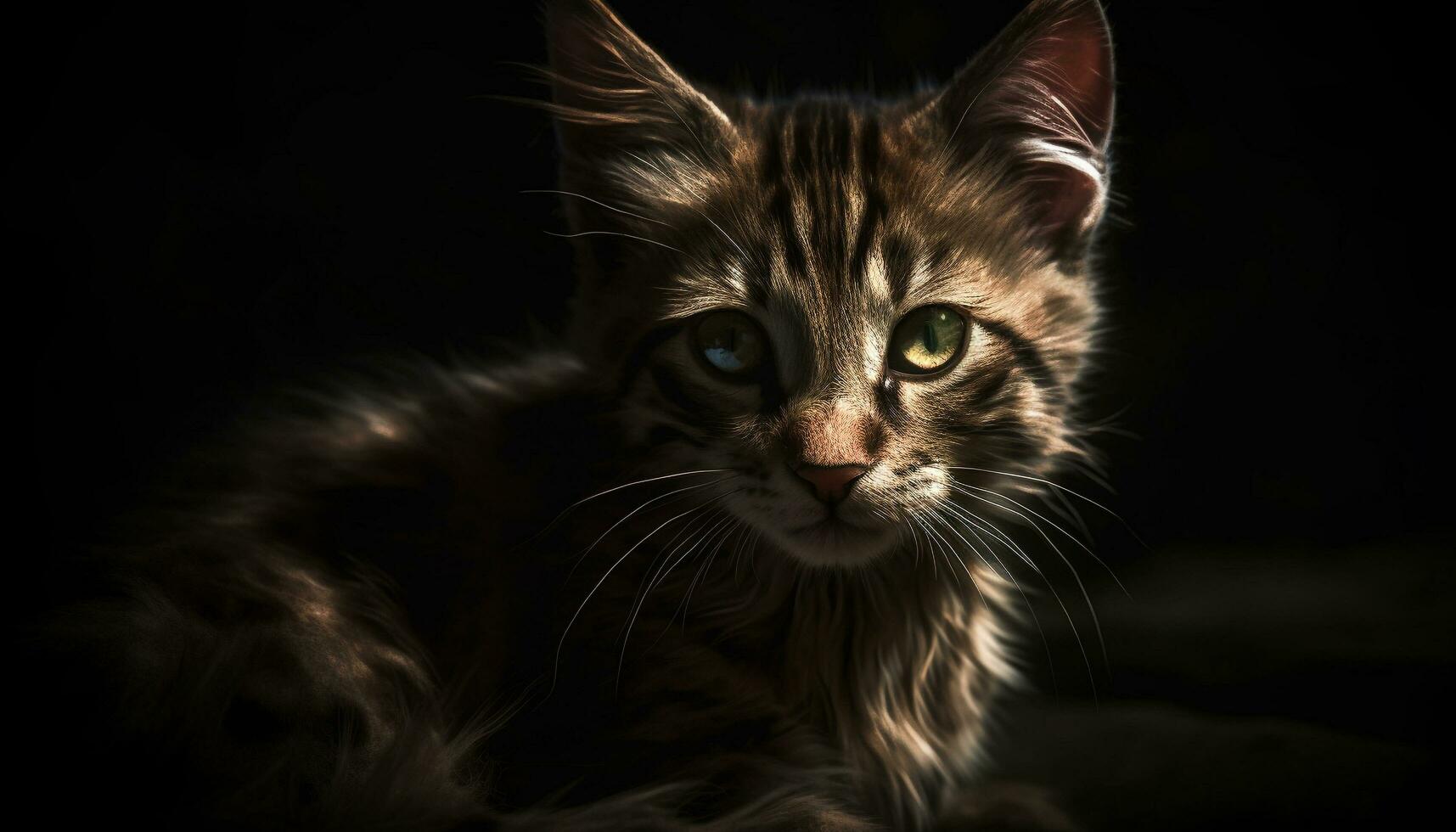 schattig katje met gestreept vacht, op zoek Bij camera, zittend buitenshuis gegenereerd door ai foto