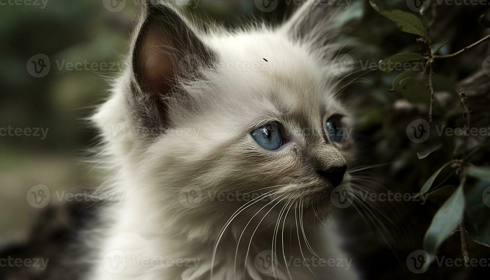 schattig katje zittend buitenshuis, staren met blauw ogen, pluizig vacht gegenereerd door ai foto