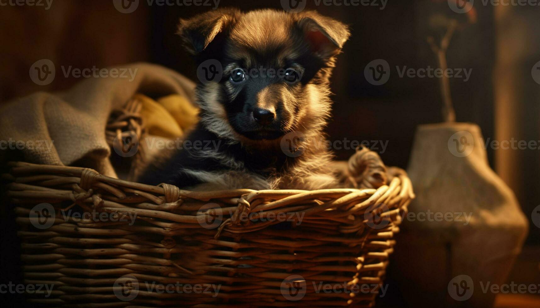 schattig puppy zittend in mand, op zoek Bij camera buitenshuis gegenereerd door ai foto