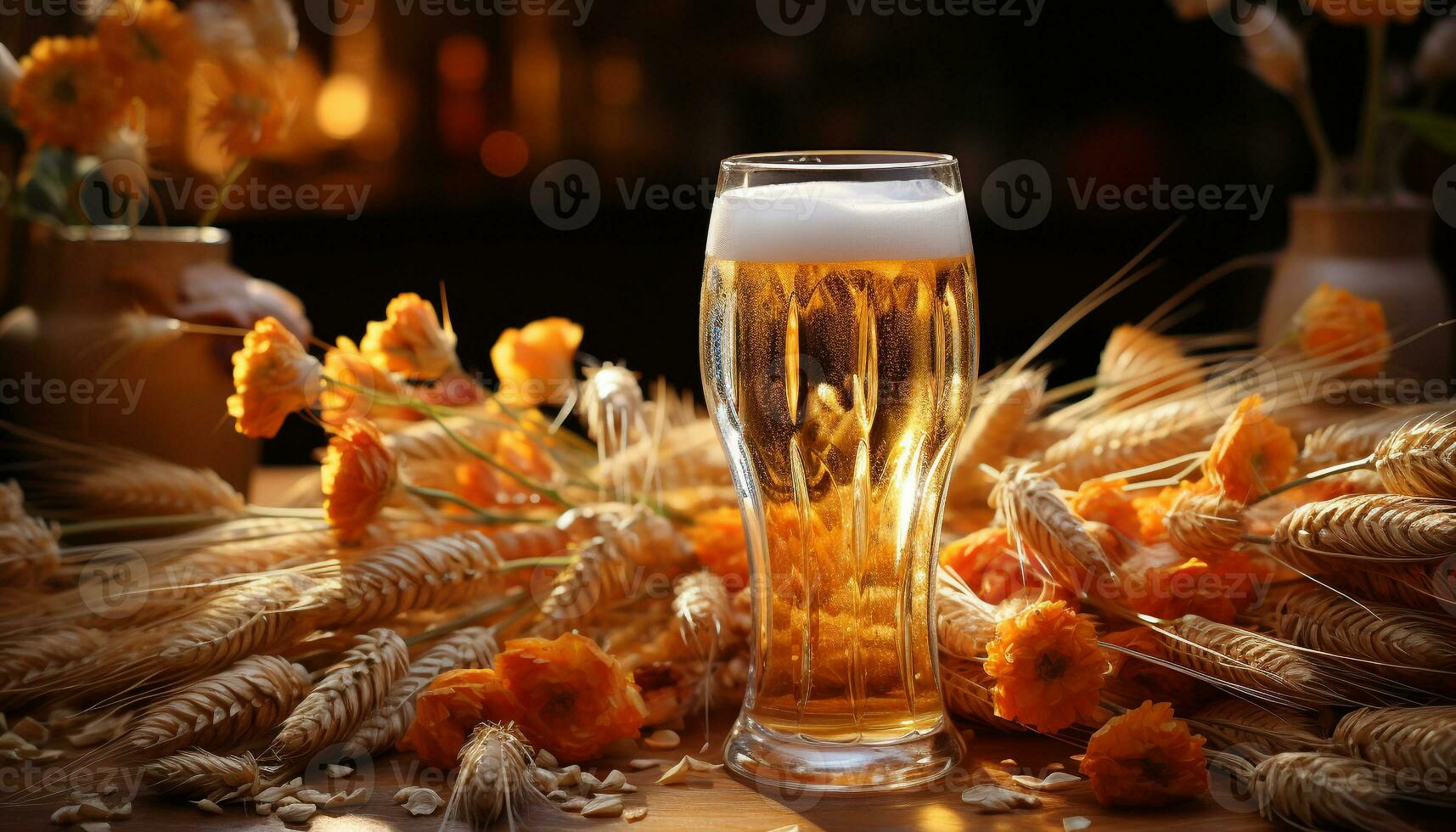 vers zeevruchten en bier Aan houten tafel, een fijnproever viering gegenereerd door ai foto