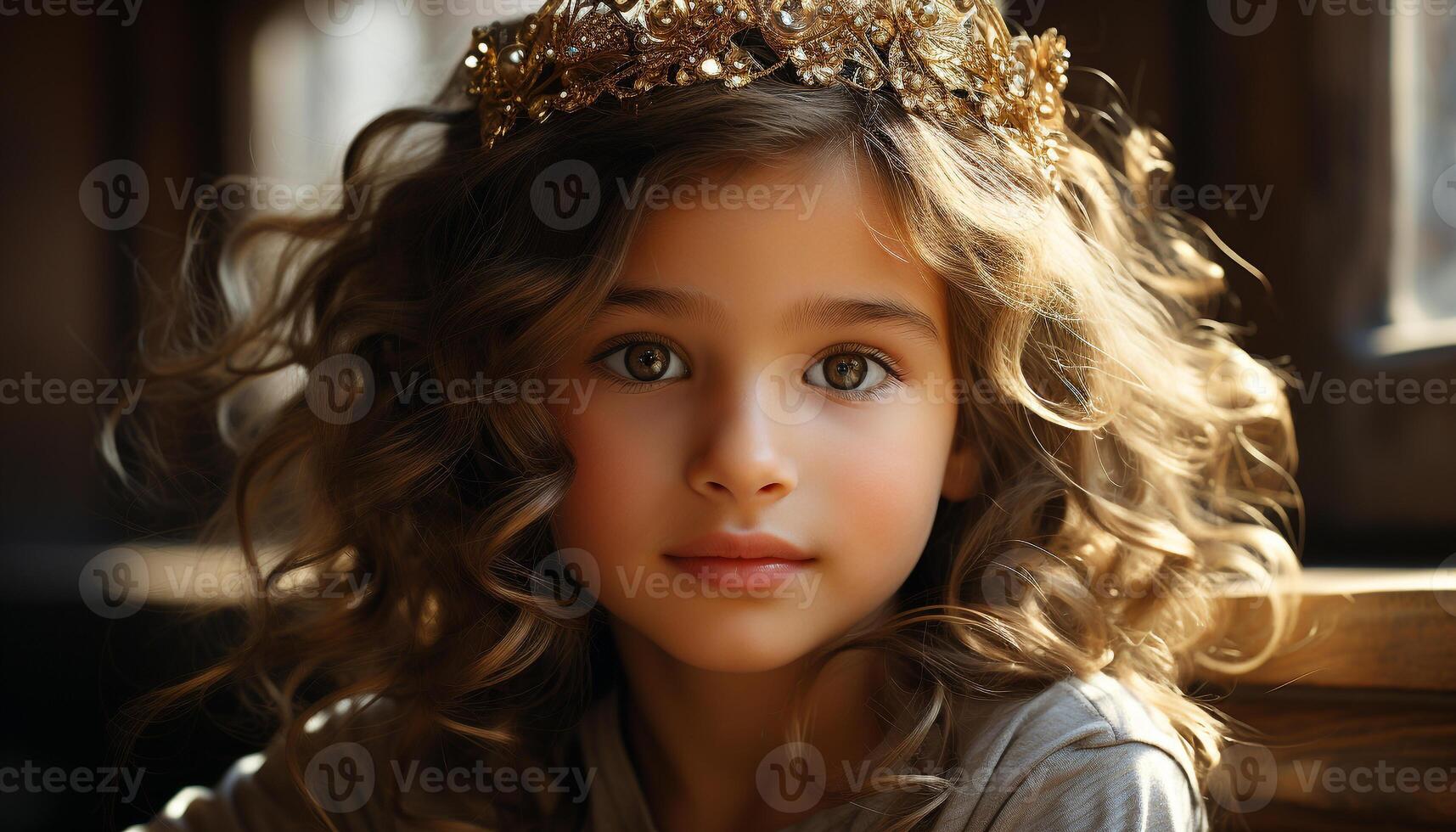 schattig kind met gekruld haar, lachend, op zoek Bij camera binnenshuis gegenereerd door ai foto