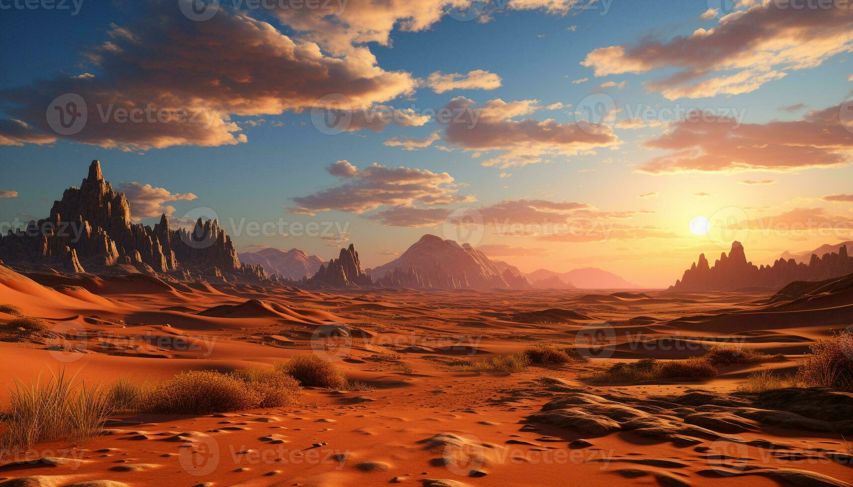 majestueus berg piek, zanderig duinen, rustig zonsondergang, natuur schoonheid gegenereerd door ai foto