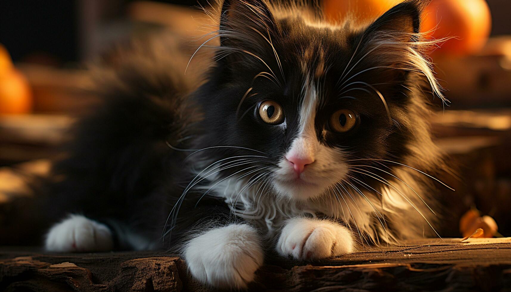 schattig katje zitten, op zoek Bij camera, speels met pluizig vacht gegenereerd door ai foto