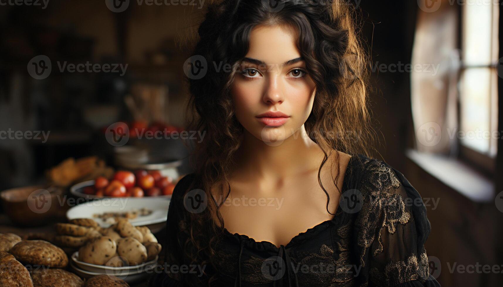 een mooi jong vrouw met bruin haar, op zoek Bij camera gegenereerd door ai foto