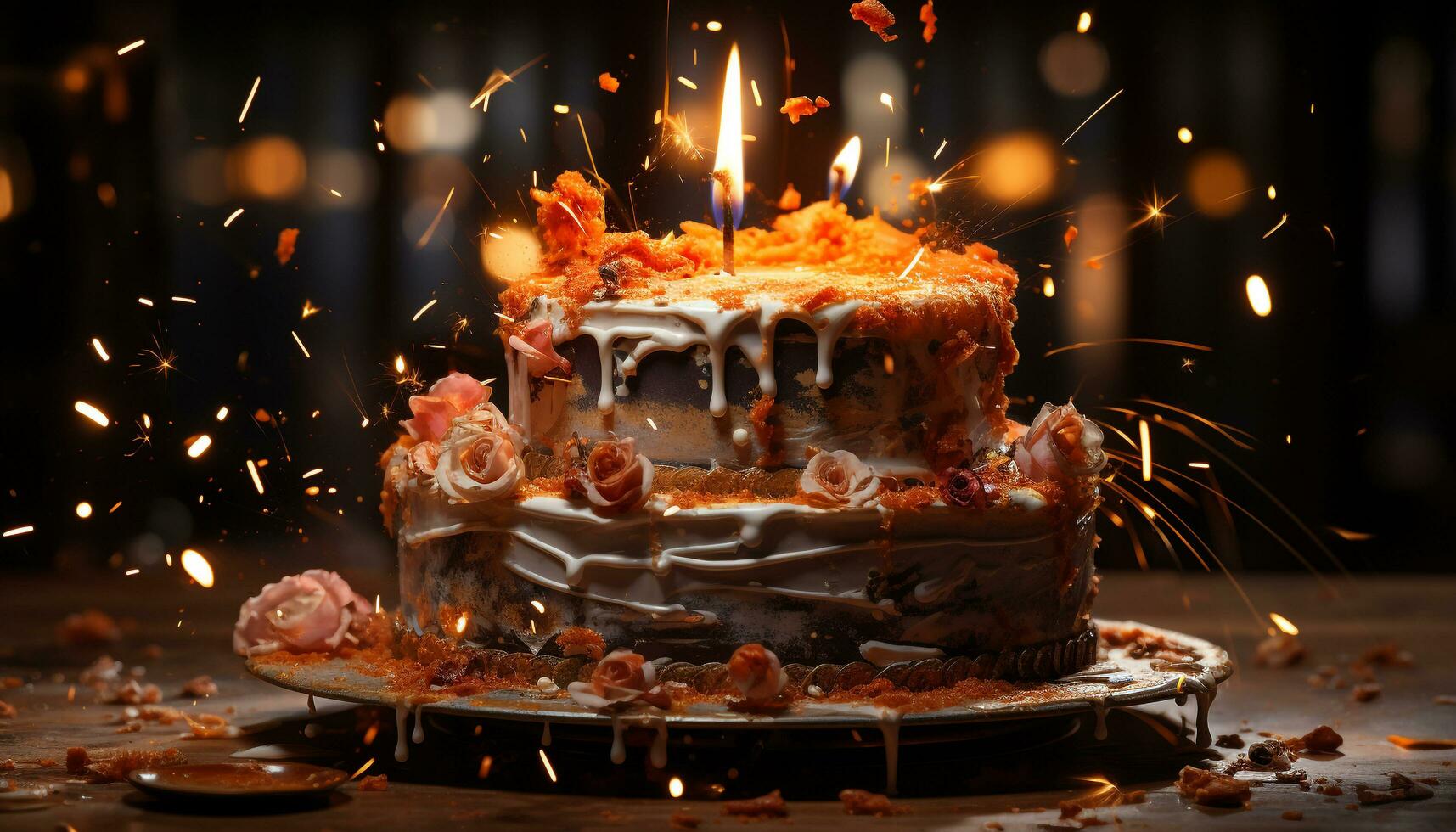 verjaardag taart met chocola glazuur, kaars vlam, en snoep decoratie gegenereerd door ai foto