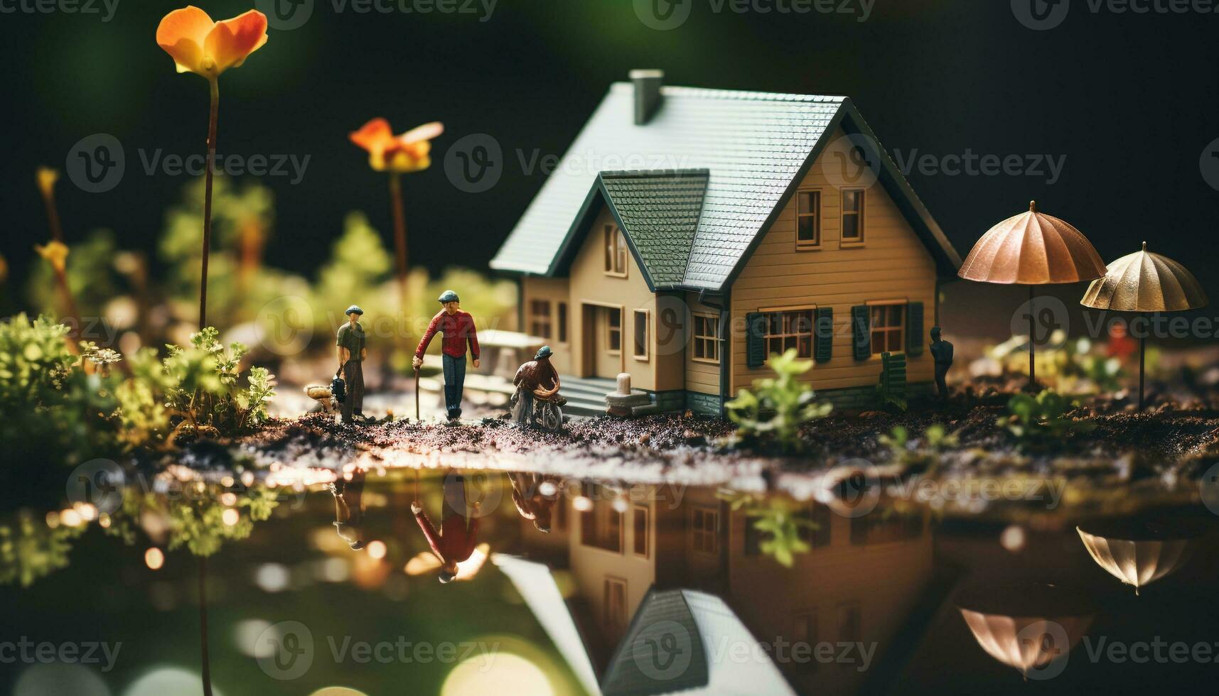 een klein speelgoed- huisje weerspiegelt de vrolijk zomer zonsondergang buitenshuis gegenereerd door ai foto