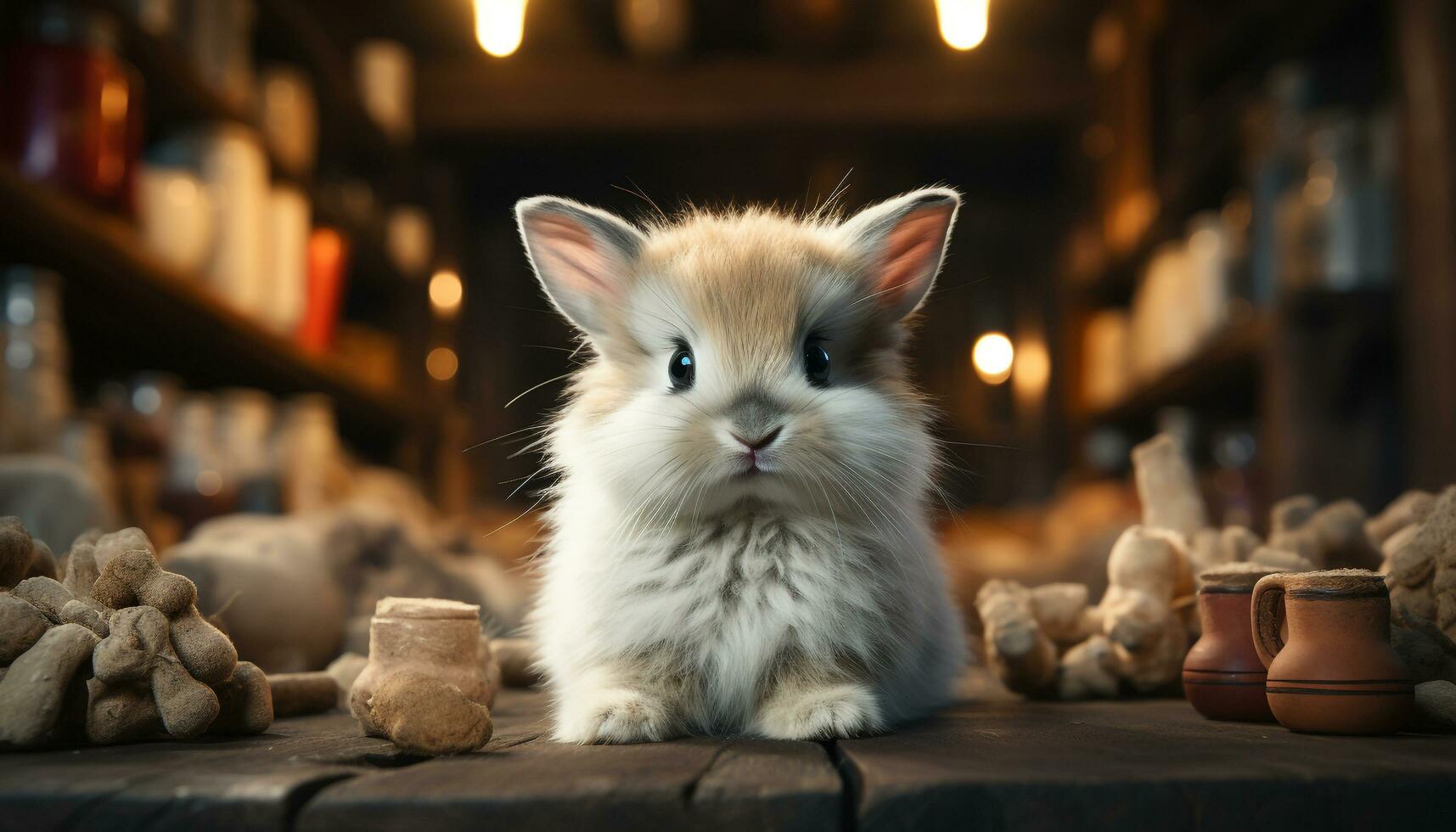 schattig klein konijn zittend binnenshuis, op zoek Bij camera, pluizig vacht gegenereerd door ai foto