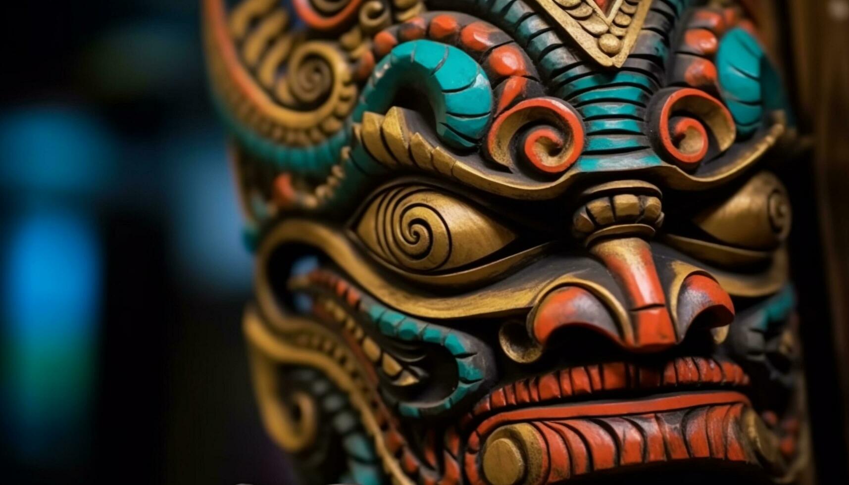 inheems cultuur decoratie, ambacht souvenir multi gekleurde hout masker, oude traditie beeldhouwwerk gegenereerd door ai foto