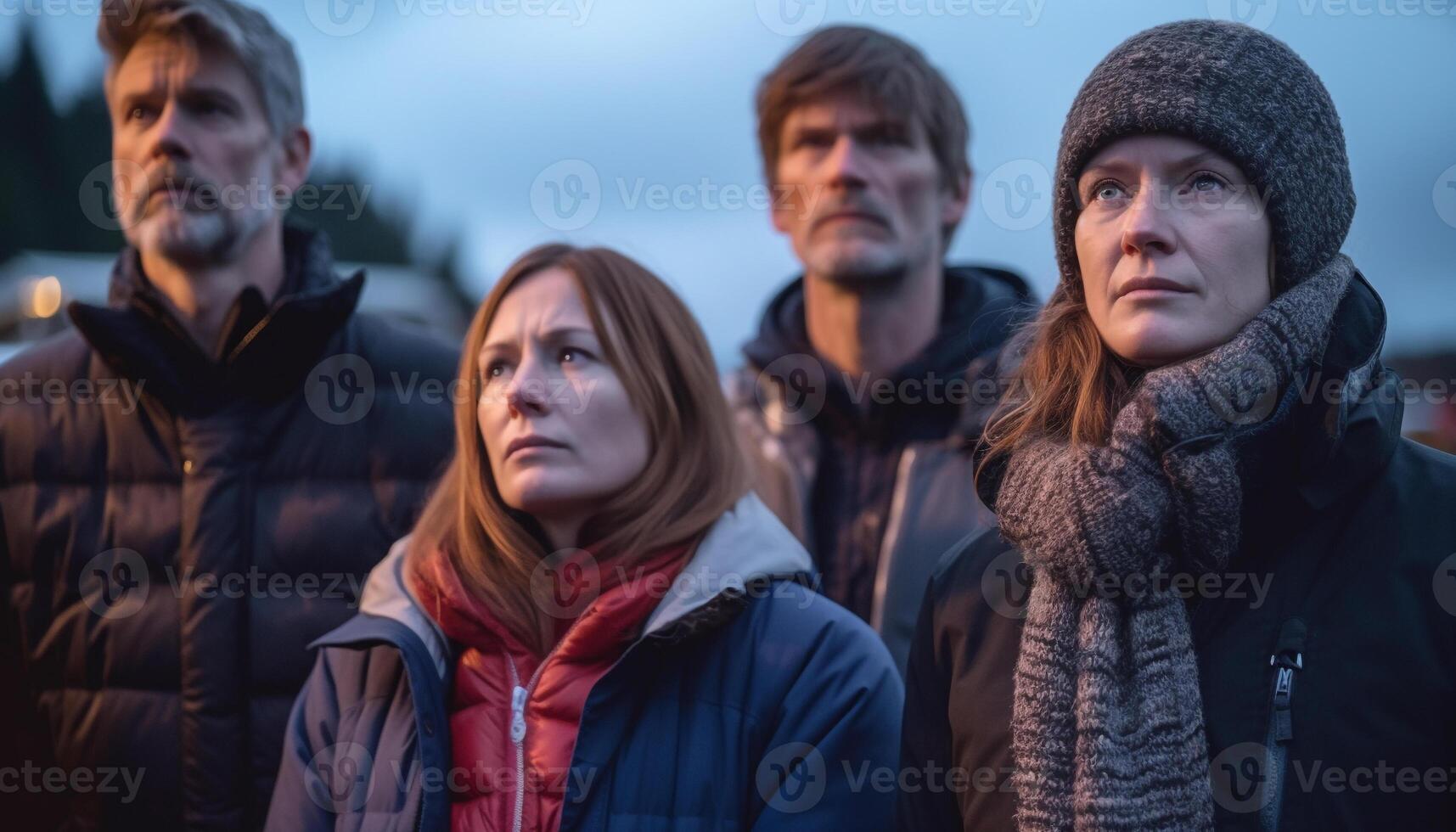 een groep van vrienden wandelen in de winter Woud samen gegenereerd door ai foto