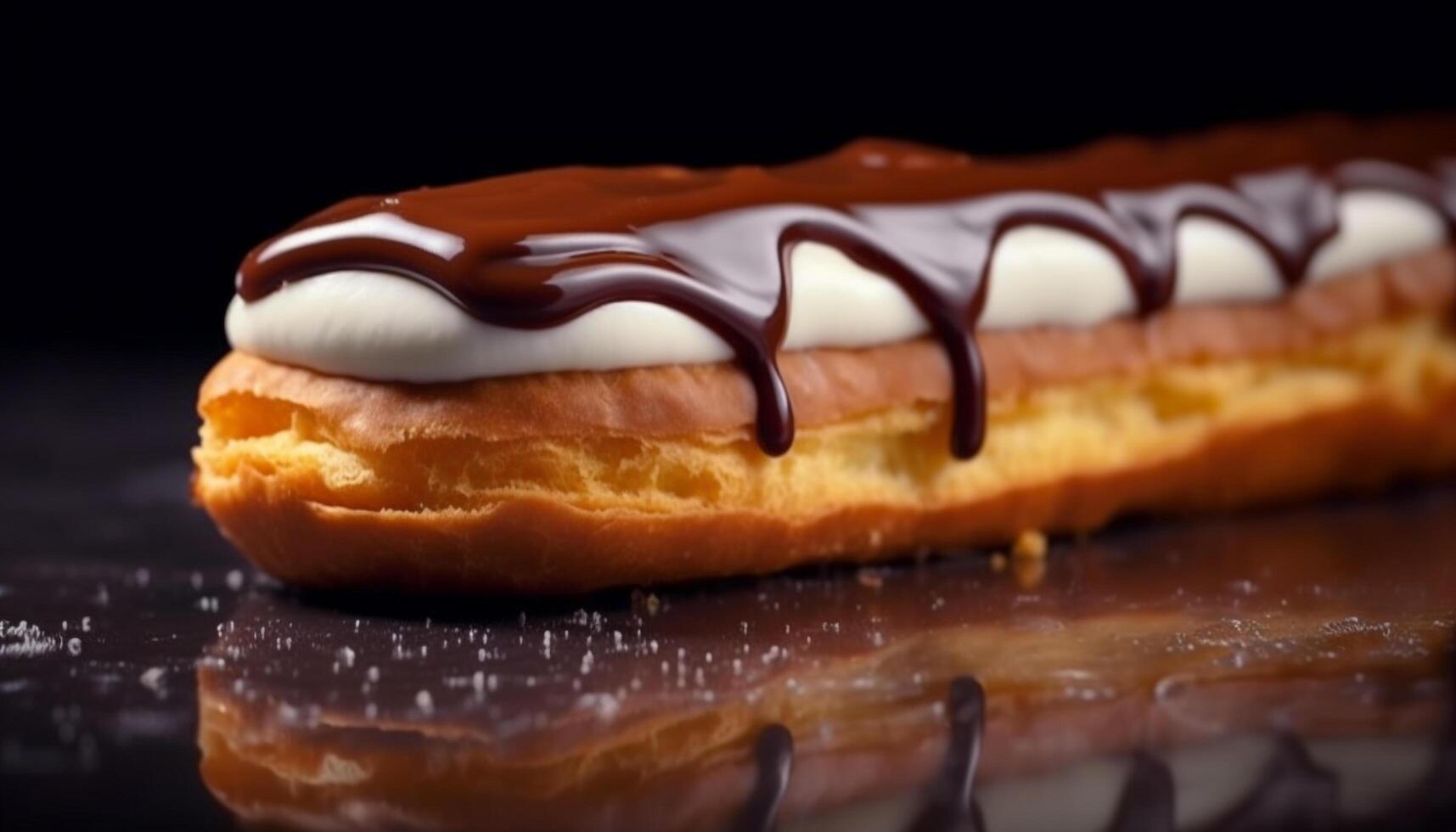 vers gebakken eclair met romig chocola vulling, een zoet toegeeflijkheid gegenereerd door ai foto