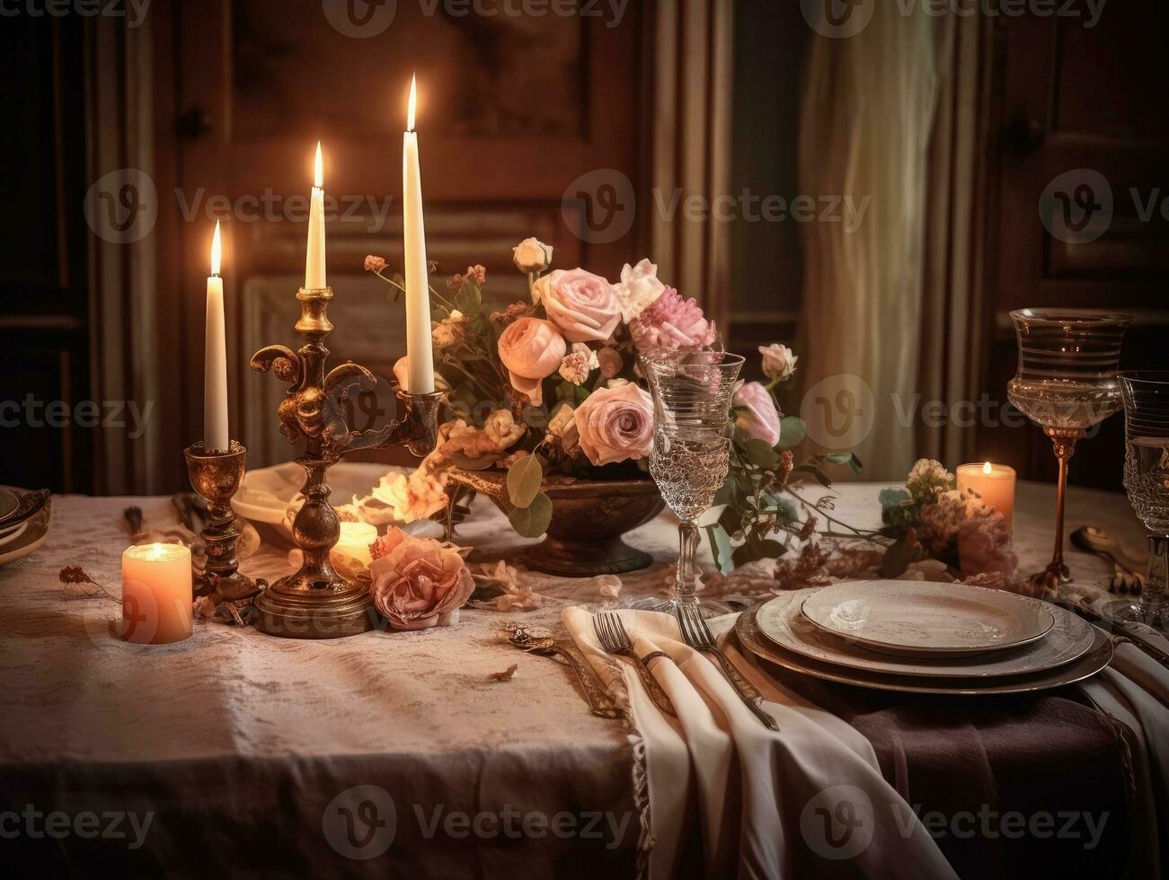 roze bloemen tafel instelling voor een romantisch avondeten tafel met tafel lap, kaarsen en zilverwerk. generatief ai foto