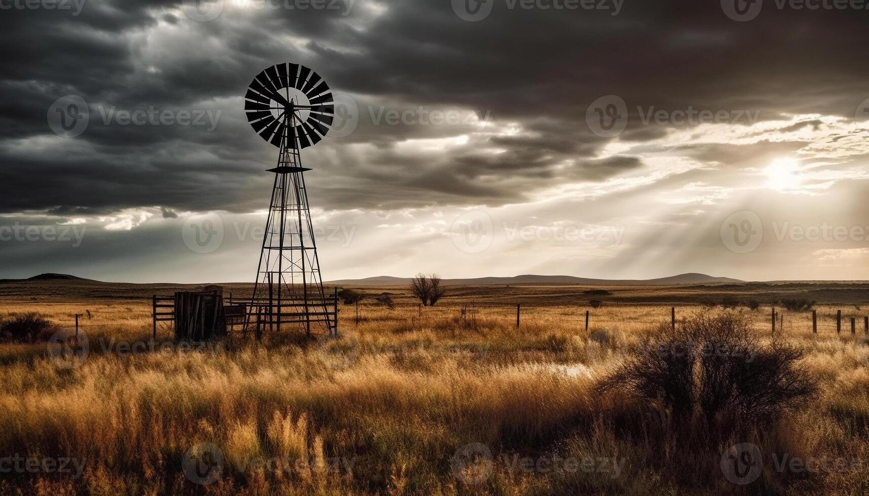 wind turbines genereren elektriciteit Aan de rustig berg weide gegenereerd door ai foto