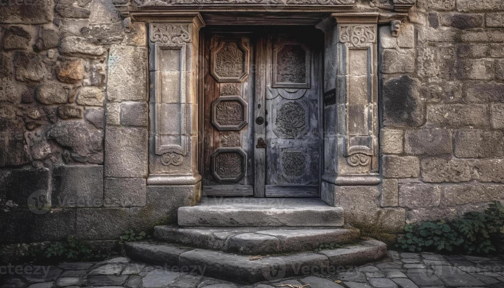 oude deuropening van oud geruïneerd gebouw, een historisch reizen bestemming gegenereerd door ai foto