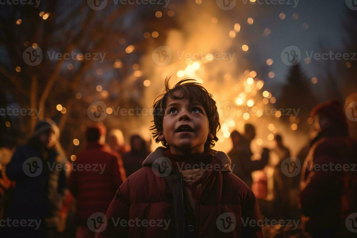 een jong jongen wie viert vreugdevuur nacht. ai generatief foto