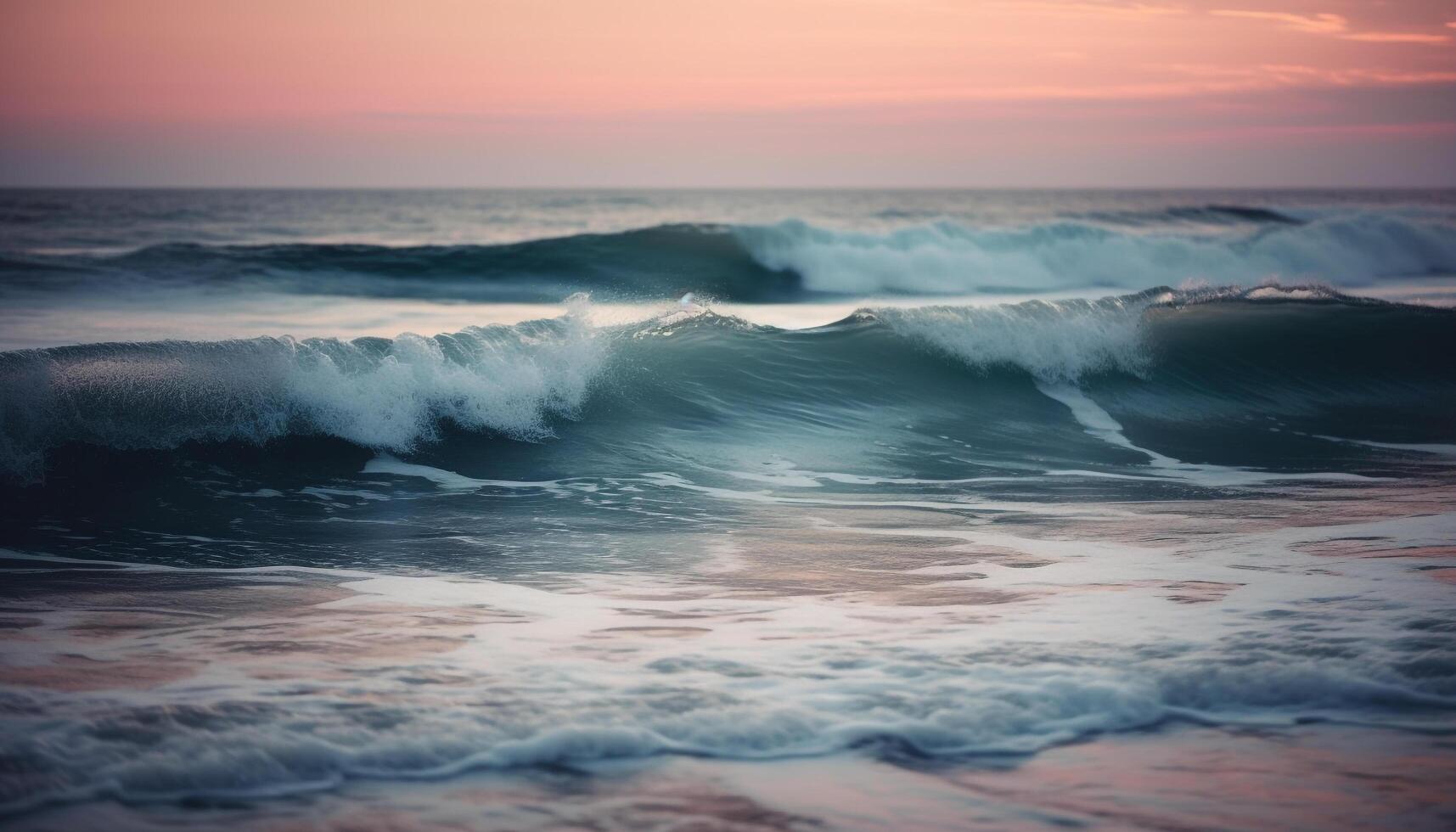 rustig zonsondergang over- blauw zeegezicht, golven breken Aan kustlijn gegenereerd door ai foto