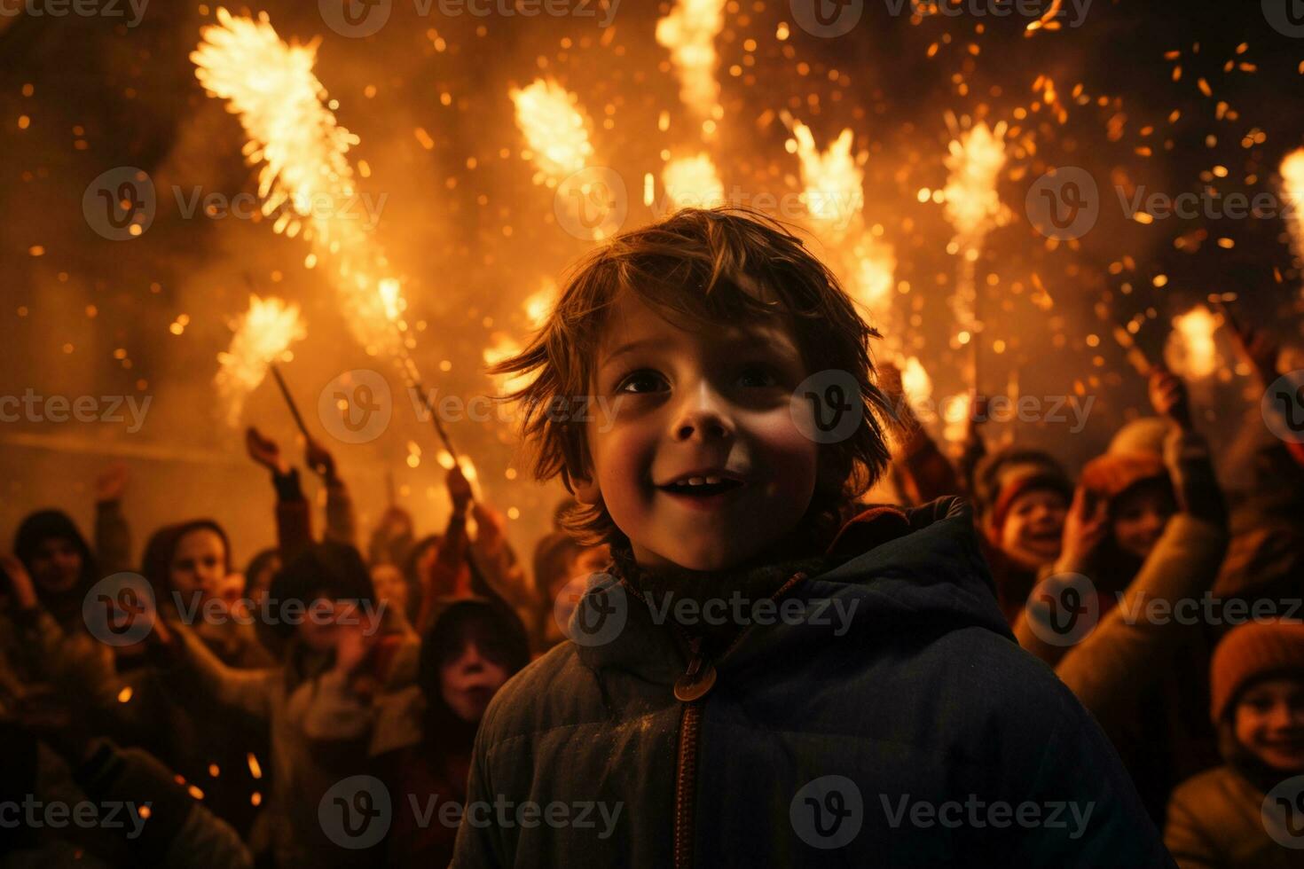 een jong jongen wie viert vreugdevuur nacht. ai generatief foto