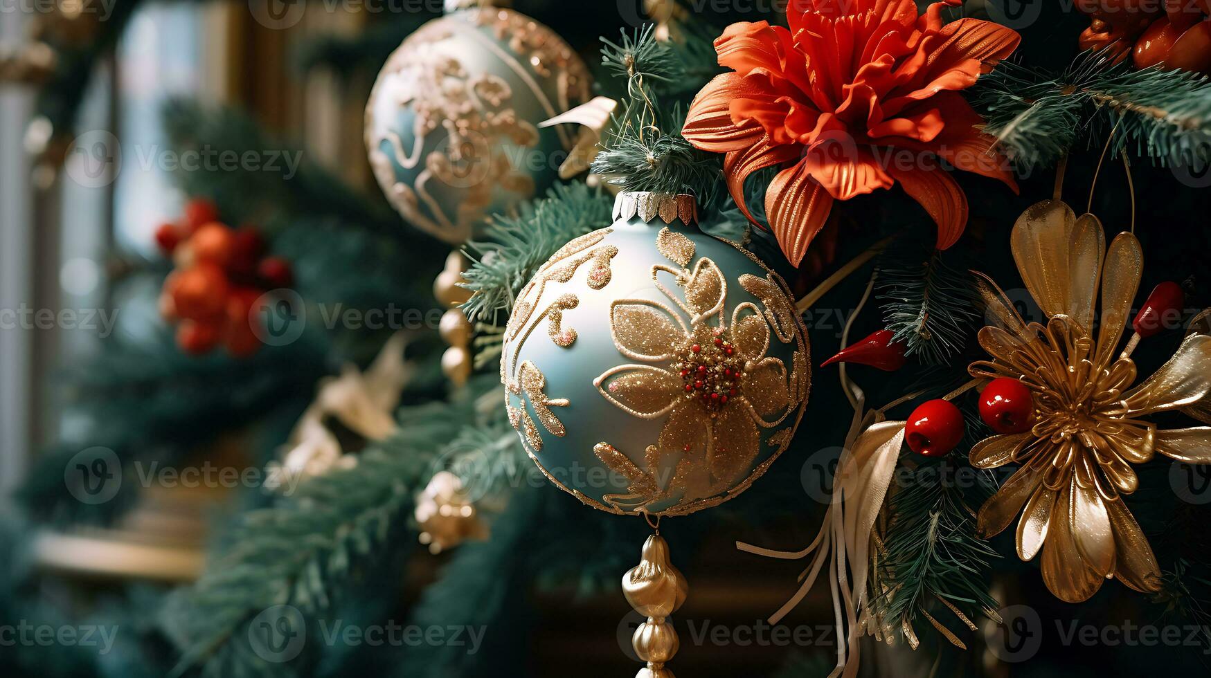 dichtbij omhoog Aan prachtig versierd Kerstmis gegenereerd door ai foto
