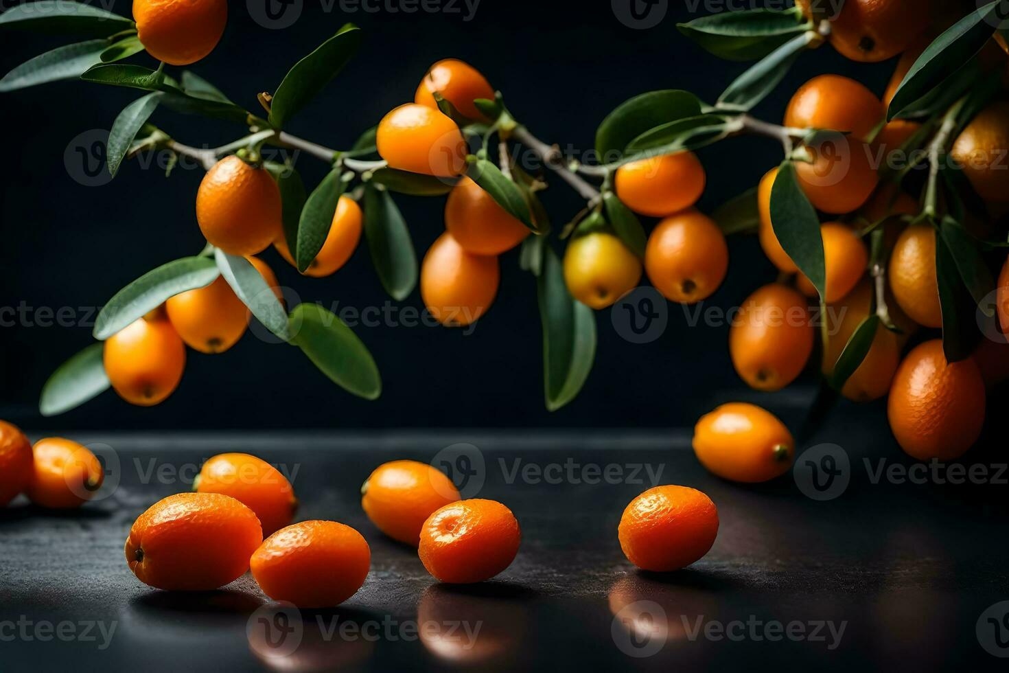 macro fotografie is wanneer wij zoom in werkelijk dichtbij Aan kumquats, terwijl ze zijn tegen een donker achtergrond in een studio ai gegenereerd foto