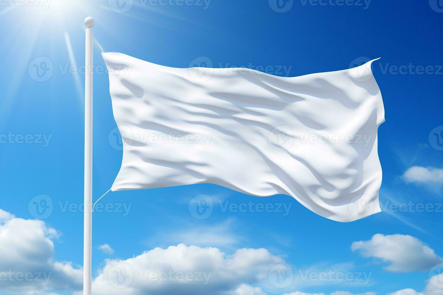 wit vlag Aan lucht en wolken achtergrond kopiëren ruimte, mockup concept generatief ai foto